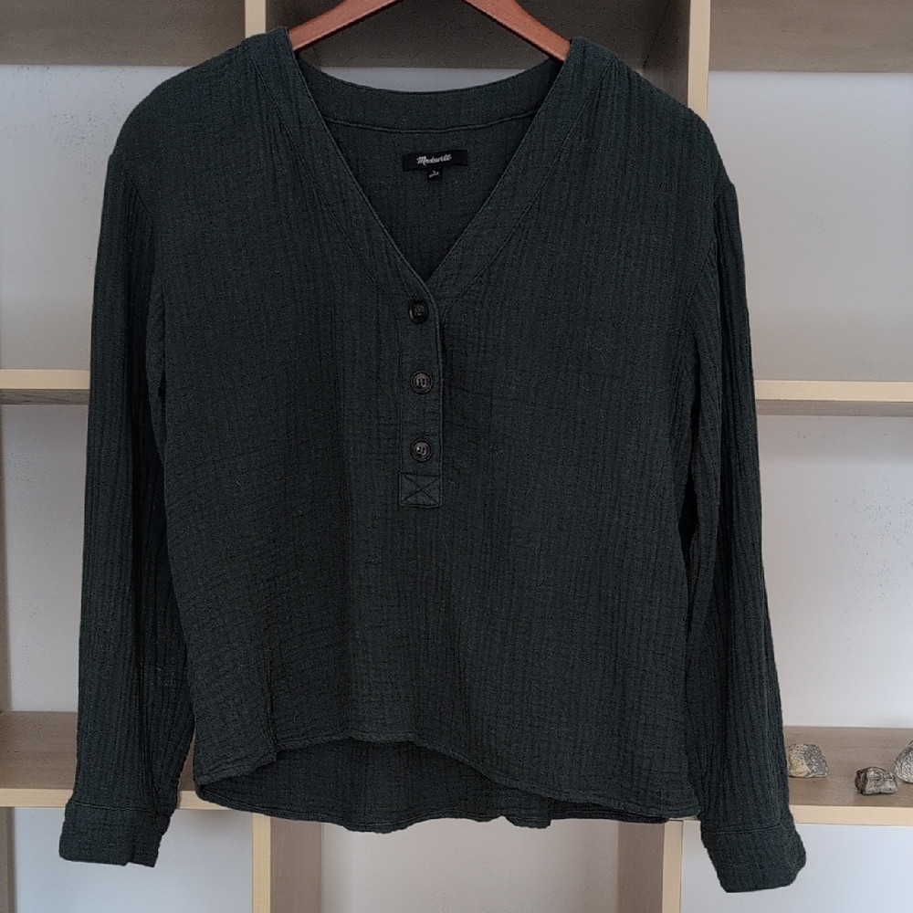 Madewell Dark Green Textured Button-Down Top